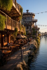 Fototapeta na wymiar City's riverside walkway with a mix of bars and restaurants along the water, Generative AI