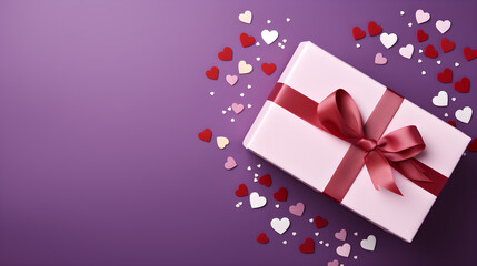 Gift box with beautiful ribbon concept for Valentine's Day, Anniversary, and Mother's Day. Isolated on a Solid Purple Background with copyspace