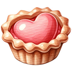 Valentine Red Heart Shaped Pie, Watercolor Sweet Dessert, Isolated on Transparent Background. Generative AI