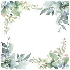 Botanical frame elements. Watercolor rectangular frame with green eucalyptus leaves and white flowers isolated on white background. For wedding invitation, save the date or greeting cards.