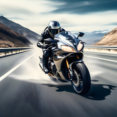 Dynamic Motorcycle Rider on Highway: Expert Panning Capture of High-Speed Two-Wheeled Motion - Thrilling Action Photography