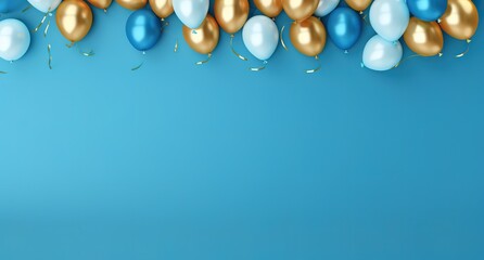 A collection of shiny colorful balloons in a photo in front of a blue wall. generative ai.