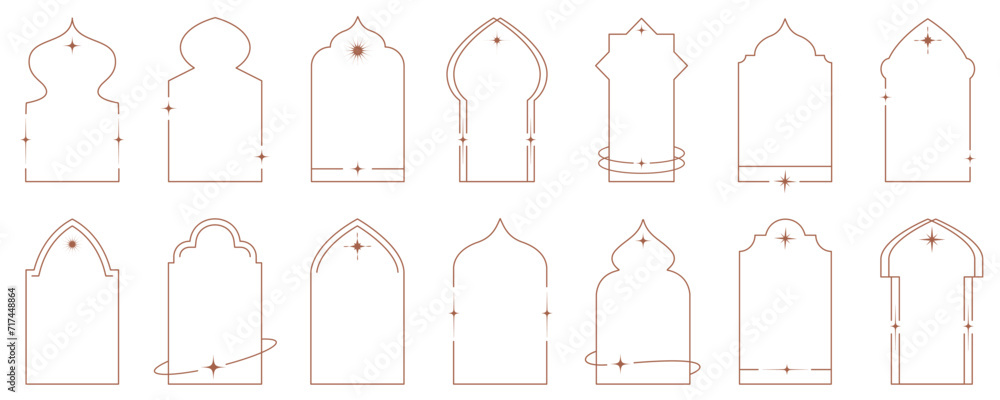 Aufkleber aesthetic frame shape. outline minimal graphic elements with stars. abstract boho arches with sparkl