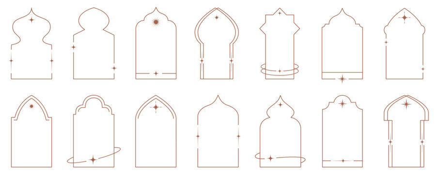 Aesthetic frame shape. Outline minimal graphic elements with stars. Abstract boho arches with sparkles. Trendy ramadan islamic templates set for poster and story. Vector illustration