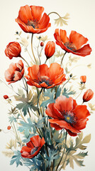 Fototapeta premium Red poppy flowers with buds and foliage in an artistic illustration. Anzac day