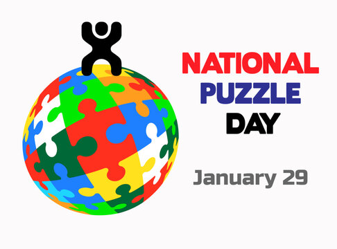National Puzzle Day. January 29. Global sphere and pictogram people vector isolated on white background.