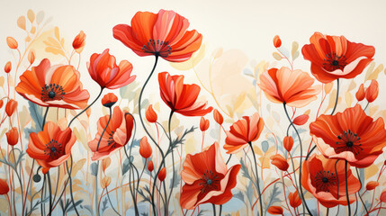 Illustration capturing a field of red poppies with a warm backdrop. Anzac day