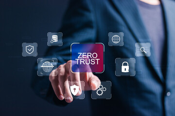 Zero trust security concept, Businessman touching virtual zero trust icon for business information security network. - obrazy, fototapety, plakaty