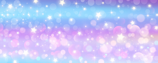 Purple unicorn background. Pastel watercolor sky with glitter stars and bokeh. Fantasy galaxy with holographic texture. Magic marble space. Vector