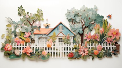 cityscape illustration landscape paper cut out art style. urban city cityscape with house, tree, leaf. colorful color theme