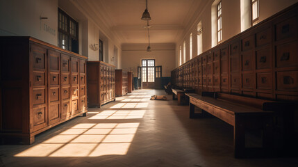 Transport Your Designs to a Place of Academic Legacy, with a Lengthy School Corridor Adorned with Vintage Wooden Furniture.