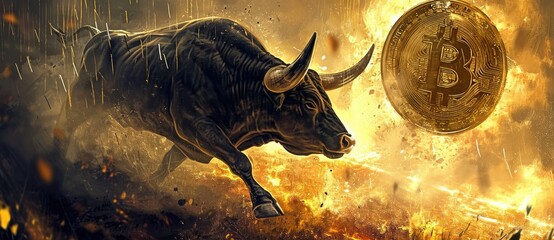 Symbolic of a bull market in cryptocurrency, a golden bull statue stands proudly amidst scattered Bitcoin, illustrating the upward trend in the market. - obrazy, fototapety, plakaty