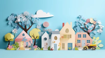 Photo sur Plexiglas Chambre denfants cityscape illustration landscape paper cut out art style. urban city cityscape with house, tree, leaf. colorful color theme