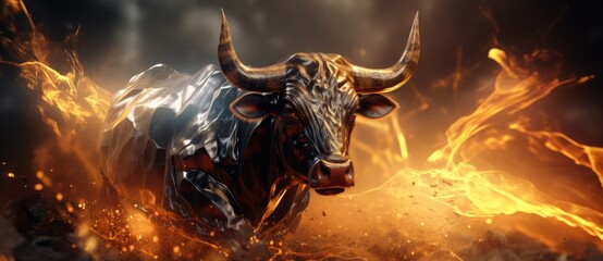 Capturing the essence of a thriving bull market in cryptocurrency, a golden bull statue is prominently placed amid scattered Bitcoin symbols. - obrazy, fototapety, plakaty