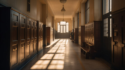 Immerse Yourself in the Atmosphere of a Lengthy School Corridor, Graced by Vintage Wooden Furniture, as the Soft Glow of Natural Light Illuminates the Space, Inviting Reflection and Inspiring Intellec