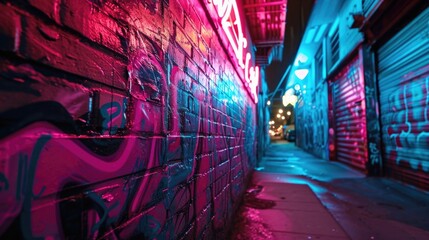 At night the neon graffiti takes on a whole new dimension glowing and pulsing in the darkness like a living breathing organism. - obrazy, fototapety, plakaty