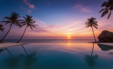 Fototapeta na wymiar outdoor luxury sunrise over an infinity pool swimming summer beachfront hotel resort