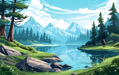 Stunning Mountain Lake View with Trees Vector Illustration

