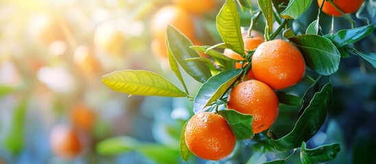 Image of a branch with ripe tangerines and leaves from a Mandarin orange tree.