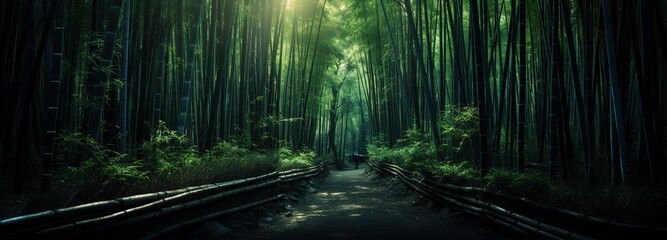Green bamboo forest with a small path in the middle. generative ai. - obrazy, fototapety, plakaty