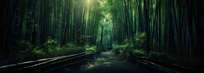 Foto op Plexiglas Green bamboo forest with a small path in the middle. generative ai. © original logo