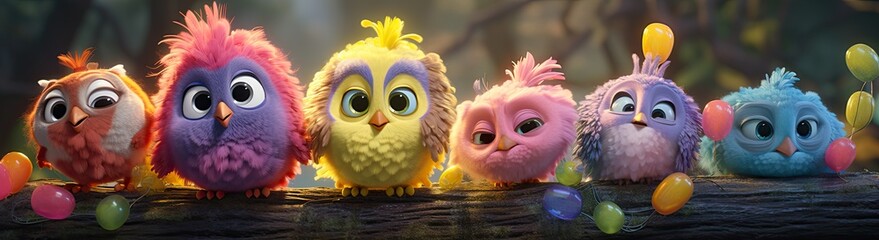 Vibrant and charming, a row of colorful birds beautifully arranged on a branch.