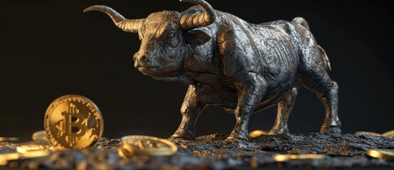 A representation of a bullish cryptocurrency market, featuring a golden bull statue surrounded by scattered Bitcoin.