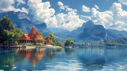 Naklejka premium Landscape Wat Tham Sua Temple Kanchanaburi, Background Banner HD