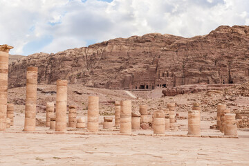 Stone columns along perimeter of the main hall of the Roman city in the Nabataean Kingdom of Petra in the Wadi Musa city in Jordan