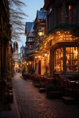 Historic district adorned with fairy lights, casting a warm glow over the restaurants, Generative AI 06