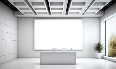 A large empty white frame in an office room. generative ai.