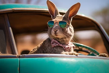  A cool and funky rabbit wearing shades, sunglasses, sunnies and a bow tie, driving an old vintage car through the Australian outback.  © ARA