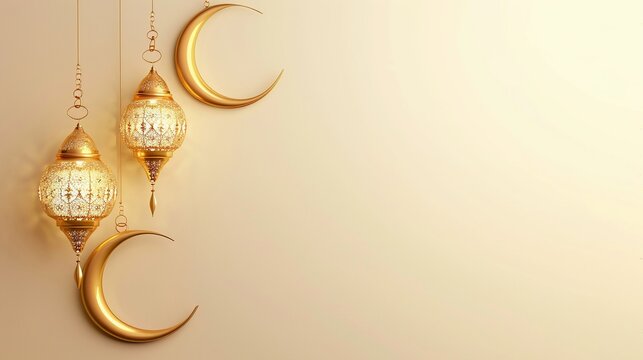 Ramadan Kareem background with golden lanterns and crescent moon.
