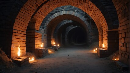 Ancient castle kingdom tunnel made with bricks with torches and arches from Generative AI