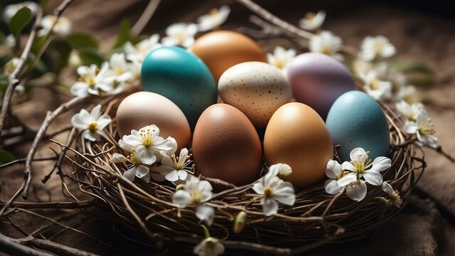 Colorful painted eggs on a nest with twigs with sunlight rays and white flowers, easter concept banner backround from Generative AI