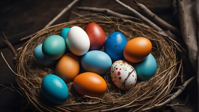Colorful painted eggs on a nest with twigs, easter concept banner backround from Generative AI