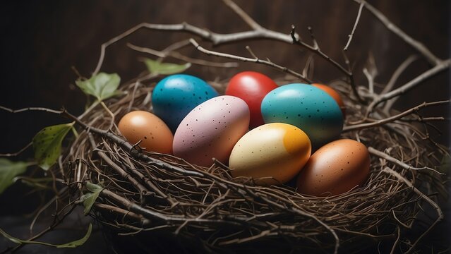 Colorful painted eggs on a nest with twigs, easter concept banner backround from Generative AI