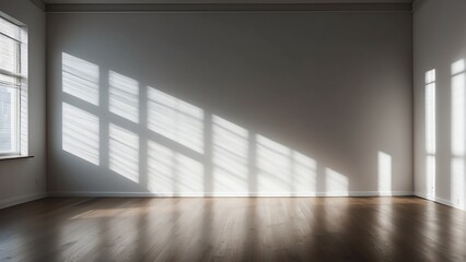 Minimalist empty white room with soft sun light rays and shadow from Generative AI