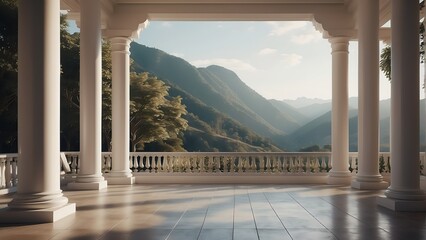 Modern classical style empty luxury terrace with columns and mountain view from Generative AI