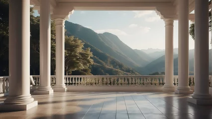 Fotobehang Modern classical style empty luxury terrace with columns and mountain view from Generative AI © sevenSkies