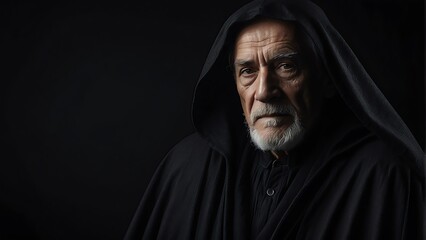 Portrait of an elderly man with black cloak on plain dark black background, wizard from Generative AI