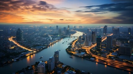 Obraz premium Aerial view of city skyline at sunset.