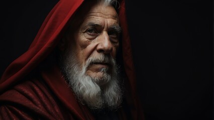 Portrait of an elderly man with red cloak on plain dark black background, wizard from Generative AI