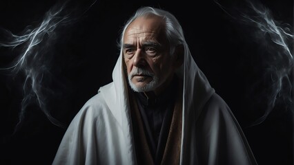 Fototapeta na wymiar Portrait of an elderly man with white cloak on plain dark black background, wizard from Generative AI