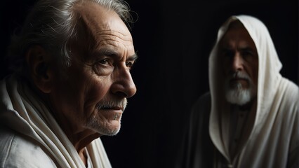 Portrait of an elderly man with white cloak on plain dark black background, wizard from Generative AI