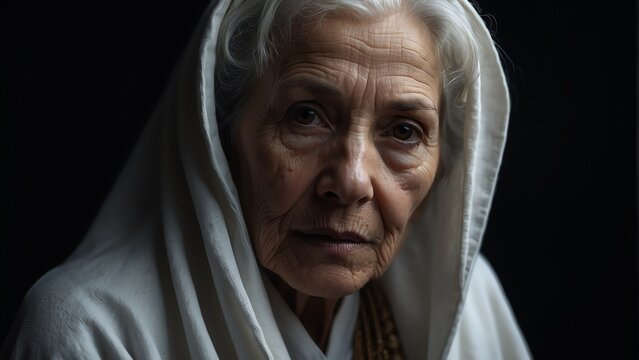 Portrait of an elderly woman with white cloak on plain dark black background, wizard from Generative AI