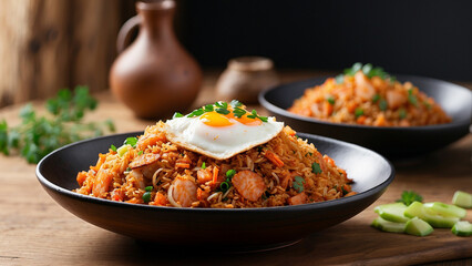 Picture Kimchi fried rice plated elegantly on a wooden table from a side perspective, highlighting...