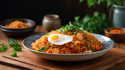 Picture Kimchi fried rice plated elegantly on a wooden table from a side perspective, highlighting the intricate details of each ingredient and the inviting textures that make this dish a culinary del