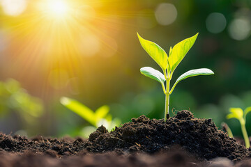Young green plant sprouting from fertile soil at sunrise