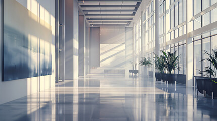 Modern interior space with a brightly lit room with white walls and glass windows. 